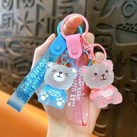 Creative Cute Acrylic Bear Keychain With Glitter PVC Wrist Strap Transparent Glass Look Bag Pendant Car Key Ring For Women