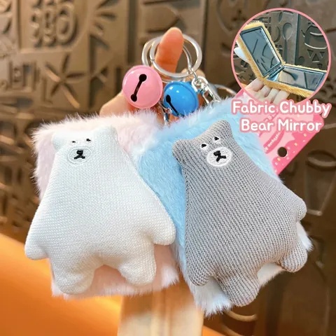 Portable Plush Bear Folding Mirror Keychain Cute Cartoon Animal Makeup Mirror with Bell for Women Bag Hanging Accessories Gift