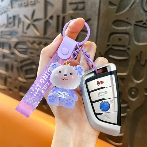 Creative Cute Acrylic Bear Keychain With Glitter PVC Wrist Strap Transparent Glass Look Bag Pendant Car Key Ring For Women