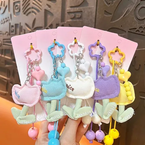 Cute Tulip Flower Bag Charm Cotton Cloth Keychain Embroidered Nice Floral Ornament Key Ring Gift For Women Girls