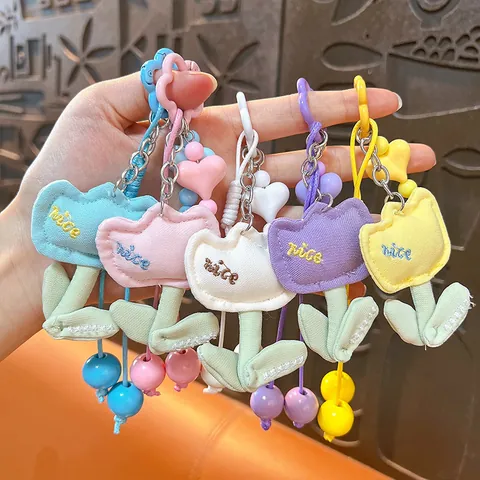 Cute Tulip Flower Bag Charm Cotton Cloth Keychain Embroidered Nice Floral Ornament Key Ring Gift For Women Girls
