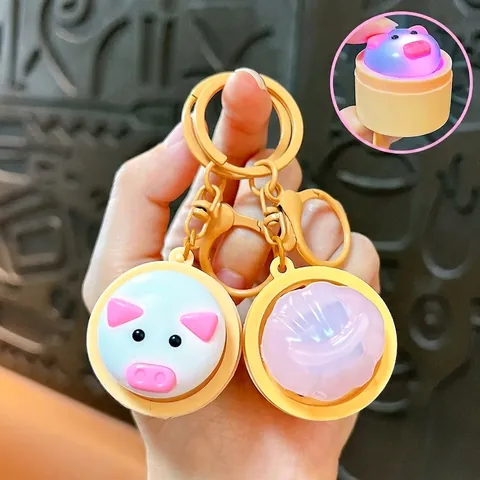 Creative Luminous Button Xiaolongbao Keychain Simulation Food Fidget Stress Relief Toy Bag Charm Keyring For Kids Student Gift