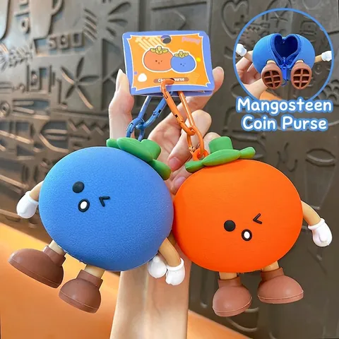Cute Fruit Mangosteen Shaped Mini Coin Purse Keychain PVC Cartoon Earphone Case Bag Charm Pendant For Women Kids Gift
