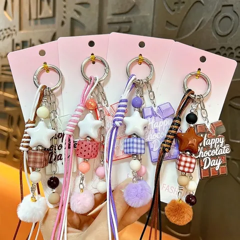Creative Chocolate Pompom Bag Charm Keychain Cute Furry Ball Keyring For Women School Bag Car Accessories Gift