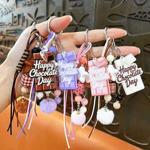Creative Chocolate Pompom Bag Charm Keychain Cute Furry Ball Keyring For Women School Bag Car Accessories Gift