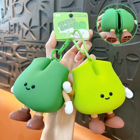 Creative Green Onion Shape Coin Purse Cartoon Anthropomorphic Keychain Pendant Cute Mini PVC Storage Bag For Bag Hanging