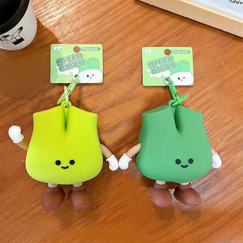 Creative Green Onion Shape Coin Purse Cartoon Anthropomorphic Keychain Pendant Cute Mini PVC Storage Bag For Bag Hanging