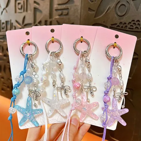 Creative Acrylic Starfish Keychain Ocean Series Bag Charm With Glitter Bowknot Artificial Pearl Beads DIY Gift For Women