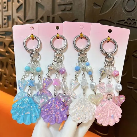 Porte-clés Mignon en Acrylique Thème Océan Paillettes Coquillage Queue de Poisson Charme de Coeur Accessoire de Sac Femmes