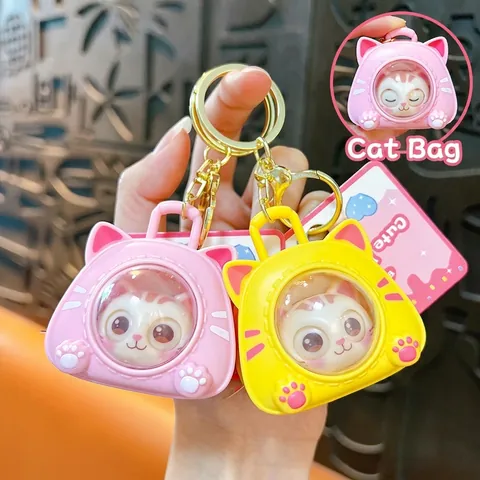 Cute Cat Space Capsule Keychain Squeaky Stress Relief Toy Bag Pendant Cartoon Animal ABS Key Ring For Students Kids Gift