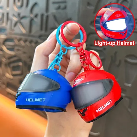 Creative Glowing Mini Motorcycle Helmet Keychain with LED Light Movable Visor Racing Style Bag Pendant Night Light ABS Charm Gift