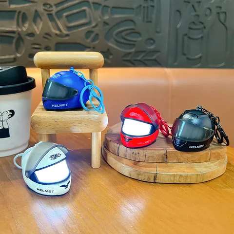 Creative Glowing Mini Motorcycle Helmet Keychain with LED Light Movable Visor Racing Style Bag Pendant Night Light ABS Charm Gift