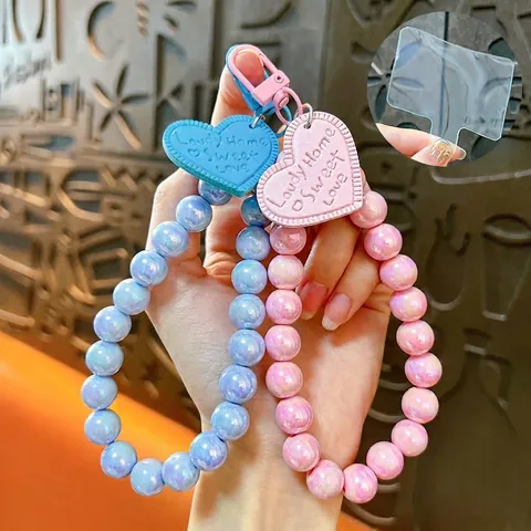 DIY Candy Color AB Rainbow Beaded Phone Charm Heart Pendant Keychain For Women Girls Fashion Bag Hanging Accessory