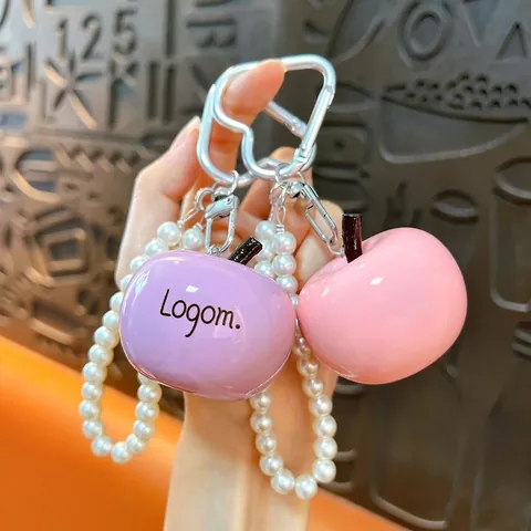 Creative Resin Apple Keychain with Artificial Pearl Bead Strap and Heart Buckle Cute Bag Pendant Ornament for Women
