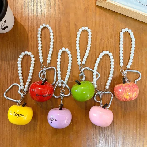 Creative Resin Apple Keychain with Artificial Pearl Bead Strap and Heart Buckle Cute Bag Pendant Ornament for Women