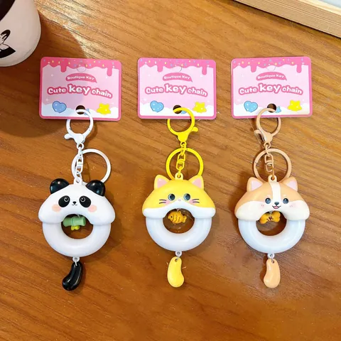 Creative Luminous Animal Donut Wind Chime Keychain Cute Panda Shiba Inu Cat LED Night Light Bag Pendant Accessories Gift