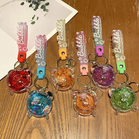 Portachiavi Creativo con Orologio a Sabbie Mobili Liquide Cartone Animato Coniglio Orso Ciondolo in Acrilico Decorazione per Zainetto