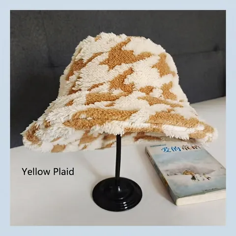Women Winter Faux Fur Bucket Hat Warm Thick Windproof Plaid Pattern Fashion Cozy Plush Fisherman Cap For Outdoor Travel Shopping