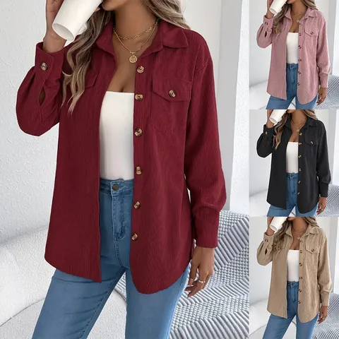 Damen Elegant Cordsamt Hemd Jacke Einreihig Revers Langarm Locker Einfarbig Casual Mantel Mit Taschen Für Herbst Winter