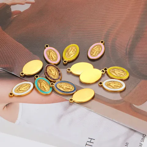 Vintage Gold Plated Stainless Steel Oval Virgin Mary Pendant Enamel Oil Drip Miraculous Medal For DIY Jewelry Making Necklace Bracelet Accessory