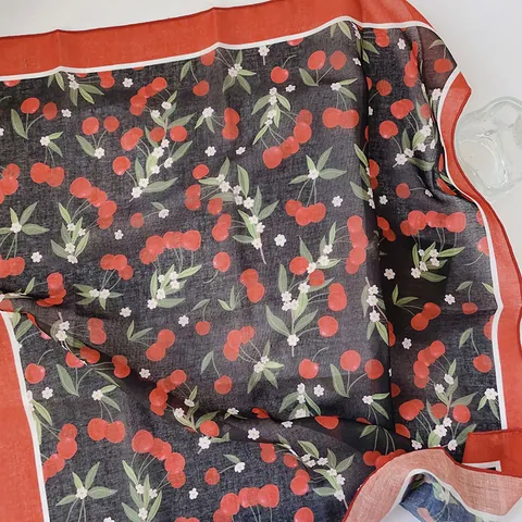 Baumwolle Leinen Kirschdruck Quadratisches Tuch Für Damen Süßes Mädchen Kleines Halstuch Bandana Haarband Blumendruck Schal Zubehör