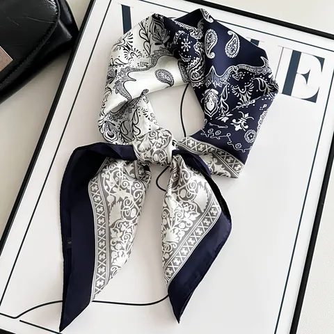 Women Elegant Paisley Print Satin Square Scarf Silk-Feeling Bandana Lightweight Neck Kerchief Fashion Accessory Hair Tie