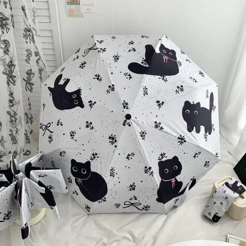 Automatic Foldable Umbrella UV Protection Sun Rain Umbrella Black Cat Floral Print Pongee Fabric 8 Ribs Windproof Portable Parasol