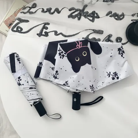 Automatic Foldable Umbrella UV Protection Sun Rain Umbrella Black Cat Floral Print Pongee Fabric 8 Ribs Windproof Portable Parasol