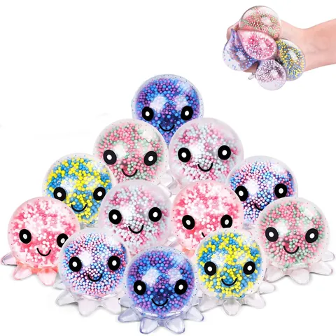 Cute Octopus Squishy Toy TPR Stress Relief Toy With Colorful Foam Beads Squeeze Sensory Toy For Teens Adults Assorted Colors