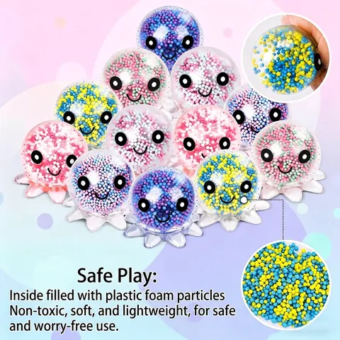 Cute Octopus Squishy Toy TPR Stress Relief Toy With Colorful Foam Beads Squeeze Sensory Toy For Teens Adults Assorted Colors
