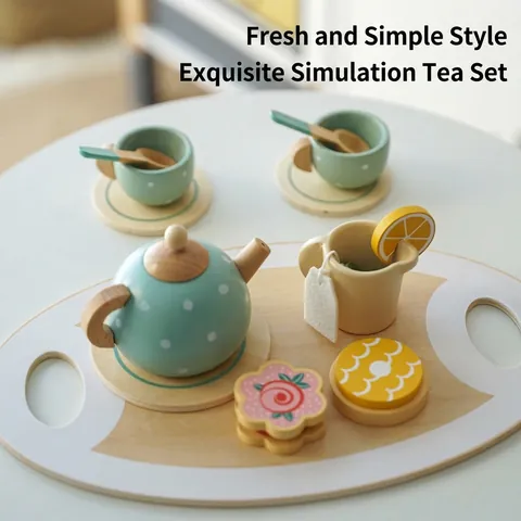 Set di Giocattoli da Tè del Pomeriggio in Legno per Gioco di Ruolo Cucina Simulazione Cibo Torta Tazza da Tè Giocattoli Educativi per Bambini