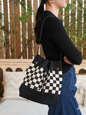 Sac Seau Tricoté à Cordon Coréen Grande Capacité Mode Pied-de-poule Damier Sac à Épaule Cabas pour Femmes Décontracté