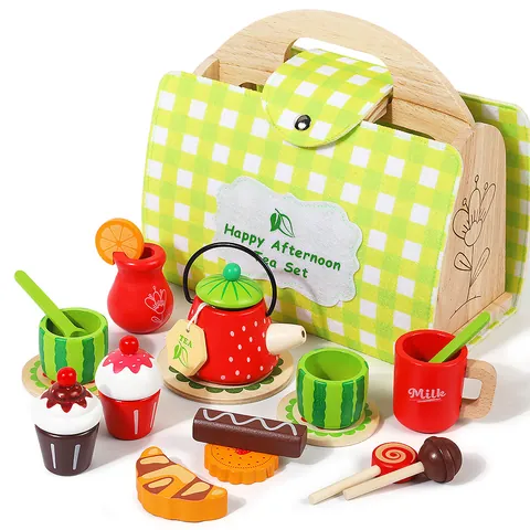 Set di Giocattoli di Simulazione per Dessert di Tè Pomeridiano per Bambini in Legno Scatola di Immagazzinaggio Portatile