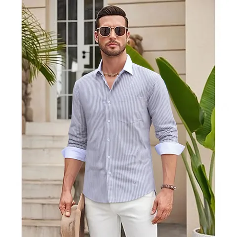 Men's Business Casual Striped Shirt Contrast Collar Cuffs Polyester Long Sleeve Non-Ironing Formal Dress Top For Office Daily