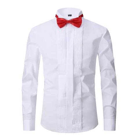 Men's Formal Tuxedo Shirt Slim Fit Pleated Front Long Sleeve Dress Shirt With Bow Tie For Wedding Banquet Groom Professional Business Shirt