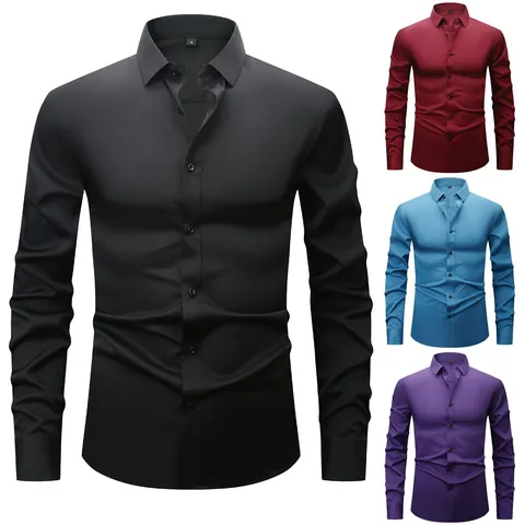 Men's 4-Way Stretch Long Sleeve Business Formal Shirt Anti-Wrinkle Casual Solid Color Regular Fit Top