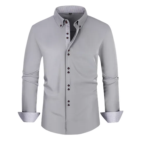 Men Business Casual Polyester Shirt Slim Fit Long Sleeve Color Block Contrast Patchwork Button Up Dress Shirt For Office Work
