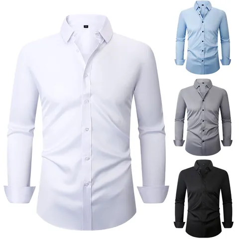 Men's Slim Fit 4-Way Stretch Business Shirt Long Sleeve Wrinkle Resistant Polyester Dress Shirt Non-Iron Solid Top