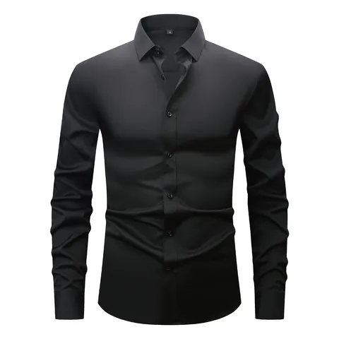 Men's 4-Way Stretch Long Sleeve Business Formal Shirt Anti-Wrinkle Casual Solid Color Regular Fit Top