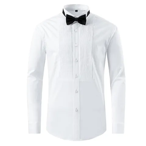 Men Business Formal Tuxedo Shirt Long Sleeve Pleated Bib High Elastic Slim Fit Top With Black Bow Tie For Wedding Party Banquet Ceremony