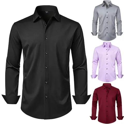 Men Business Formal Long Sleeve Shirt Four-Way Stretch Non-Iron Slim Fit Top Plain Color Work Office Professional Shirt