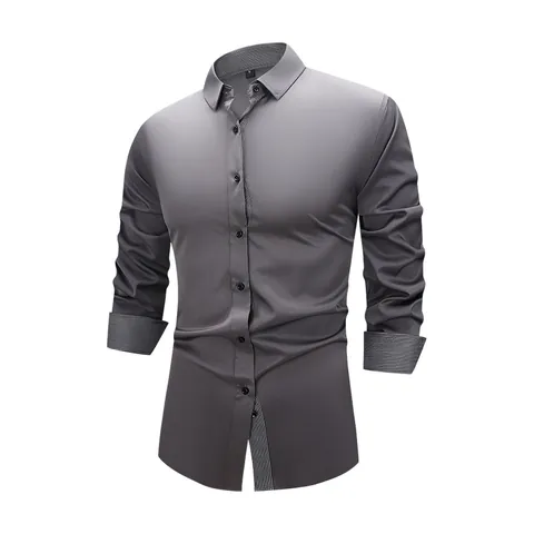 Men Business Formal Long Sleeve Shirt Elastic Contrast Collar Contrast Cuffs Slim Fit Button Down Shirt Daily Office Top