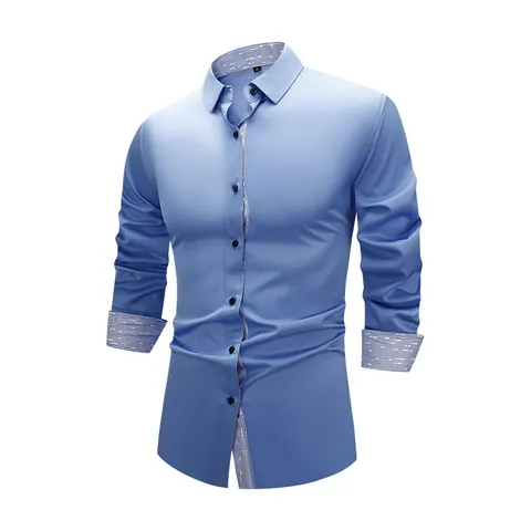 Men Business Formal Long Sleeve Shirt Elastic Contrast Collar Contrast Cuffs Slim Fit Button Down Shirt Daily Office Top