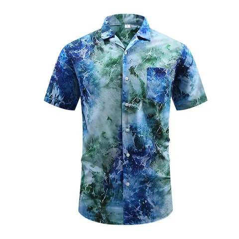 Herren Vintage Hawaii Hemd Kubanischer Kragen Kurzarm Tropische Landschaft Blumenmuster Button Down Casual Sommer Strand Top