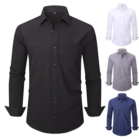 Men Business Formal Long Sleeve Shirt Solid Color Loose Fit Lapel Button Down Dress Shirt For Office Commuting Daily High Quality Polyester Top