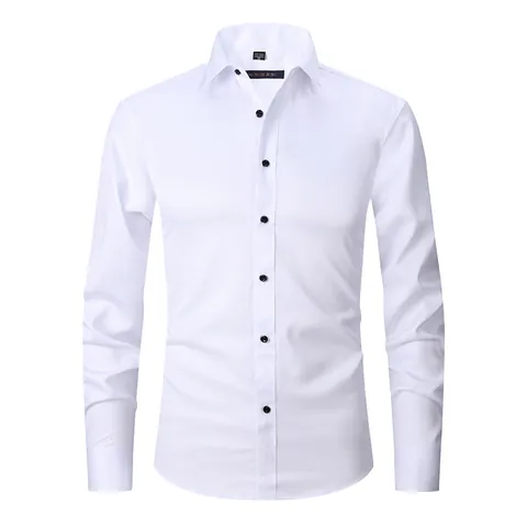 Men Slim Fit Long Sleeve Stretch Shirt Business Casual Anti-Wrinkle Solid Color Formal Dress Shirt Top