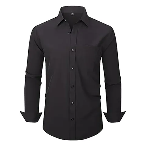 Men Business Formal Long Sleeve Shirt Solid Color Loose Fit Lapel Button Down Dress Shirt For Office Commuting Daily High Quality Polyester Top