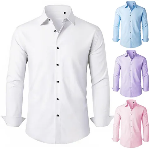 Men's Four-Way Stretch Long Sleeve Business Formal Shirt Slim Fit Iron-Free Solid Color Formal Work Office Wedding Shirt