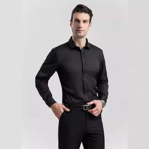 Men's Four-Way Stretch Long Sleeve Business Formal Shirt Slim Fit Iron-Free Solid Color Formal Work Office Wedding Shirt