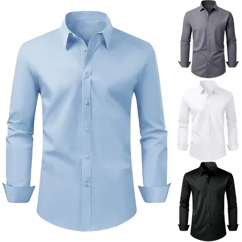 Men's Business Long Sleeve Formal Shirt Silky Non-Iron Solid Color Lapel Single Pocket Button Up Top For Wedding Party Office